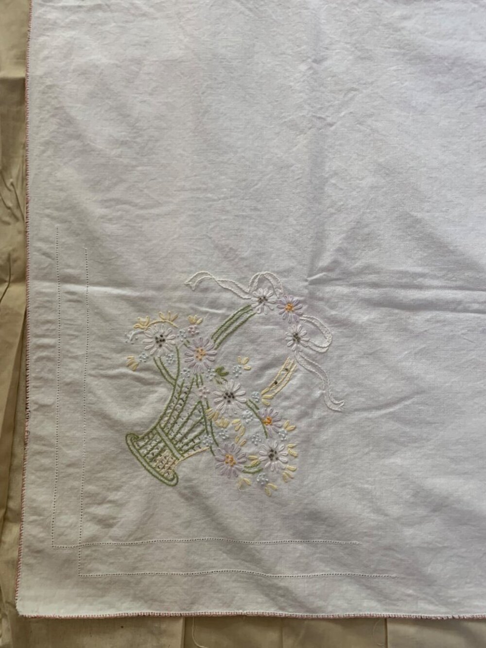 Embroidered Tablecloth with Floral Basket Design 50" x 53" White Vtg